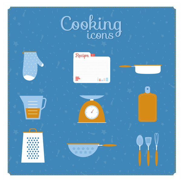 Cute food icons with cartoon cooking elements. - Wektor, obraz