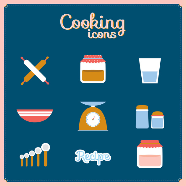 Cute food icons with cartoon cooking elements. - Vetor, Imagem