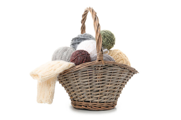 Basket with yarn balls and mittens isolated on white background - Fotografie, Obrázek
