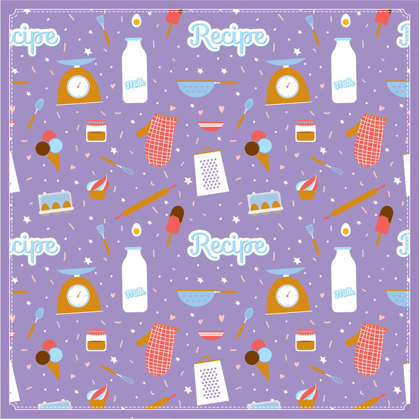 Cute food icons with cartoon seamless pattern - Vector, Image
