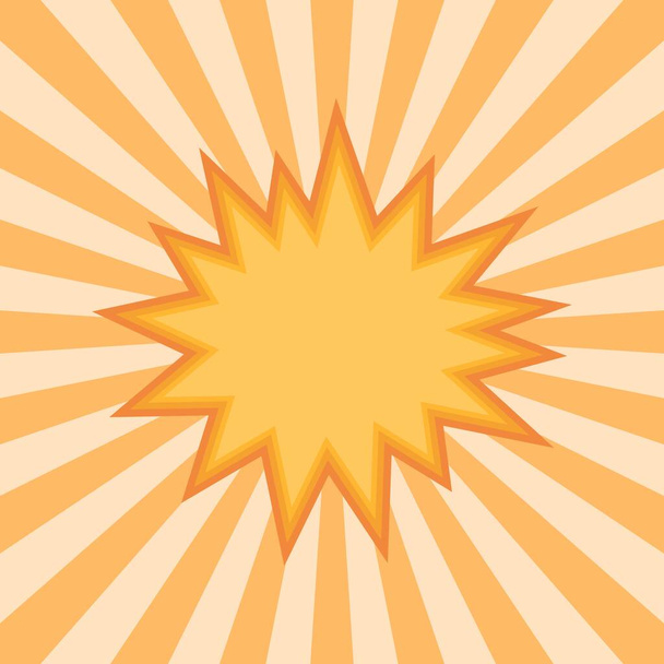 Cartoon Pop Art Stil. Vorlage für die Formulierung Soundeffekt. Comische Sprechblasenwolke mit abstrakten orangefarbenen Sonnenstrahlen im Hintergrund für den Einsatz im Web, mobilen Apps und Printmedien. Boom-Symbol. Vektorillustration - Vektor, Bild