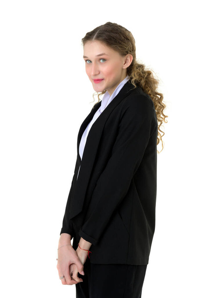 Retrato de chica sorprendida en elegante traje negro - Foto, imagen