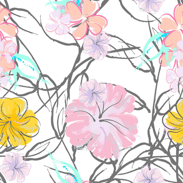 Pink Flowers Blooming Pattern. Pastel Watercolor Floral Print. Little Pink, Yellow, Lilac flower on grey leaf. Elegant brush Background. Seamless Botanical Vector Surface. Texture For Fashion Prints. - ベクター画像