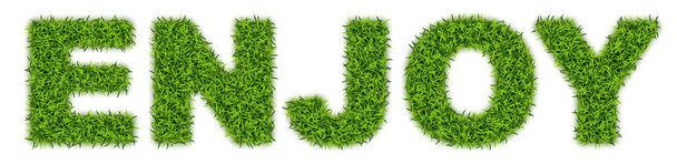 Slovo ENJOY Made of Green Grass. Astroturf písmo, Užijte si tisk, Zahradní text izolovaný na bílém pozadí, Turf písmena, 3D vektorové ilustrace - Vektor, obrázek