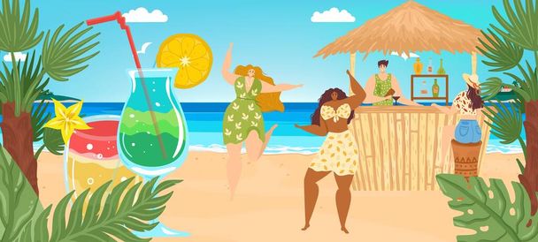 Beach vacation at summer sea, vector illustration, tiny man woman character at tropical bar, fruit cocktail glass near palm, ocean nature. - Vector, imagen