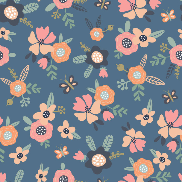 vector seamless pattern pattern with multicolored cute flowers on blue background - Wektor, obraz