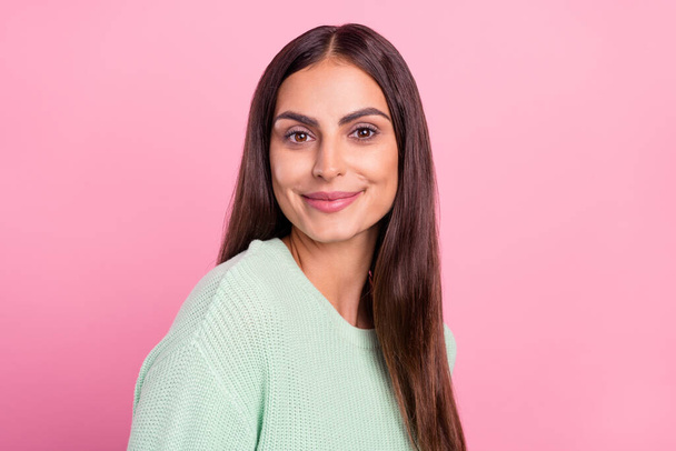 Photo of nice millennial brunette lady wear green pullover isolated on pink color background - Fotoğraf, Görsel