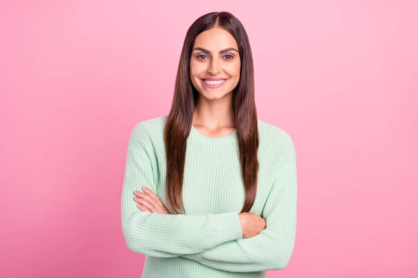 Photo of young attractive woman happy positive smile crossed hands isolated over pink color background - Fotoğraf, Görsel