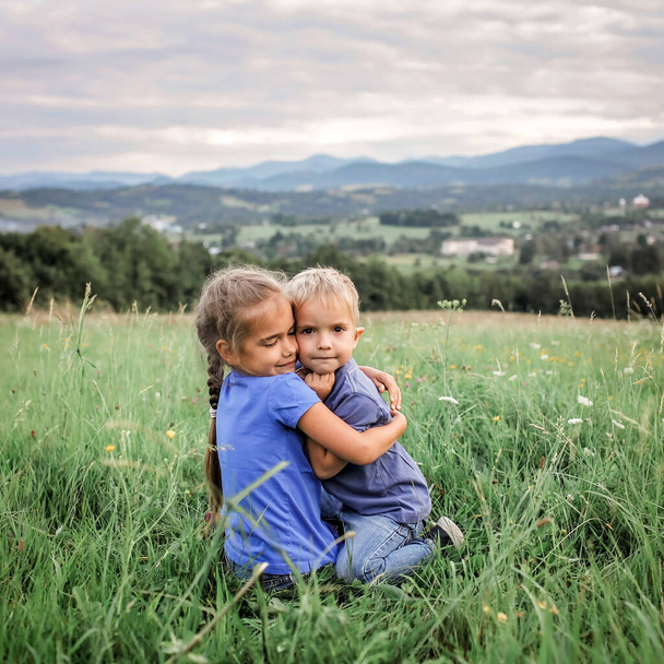 Cute 7-8 years girl hugging her smaller on the top of the mountains in summer - Photo, Image