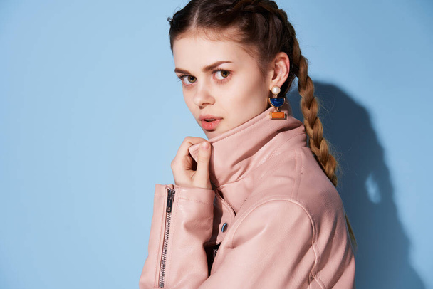 pretty woman with pigtails pink jacket fashion glamor - Photo, Image