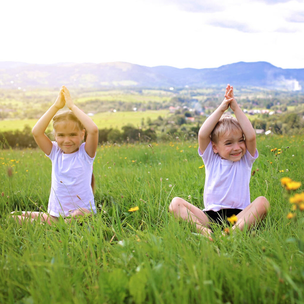 Two cute sibling doing their morning exercises - Photo, Image
