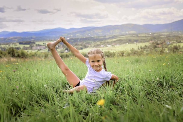 Menina atraente fazendo seus exercícios matinais no topo das montanhas na natureza de verão - Foto, Imagem