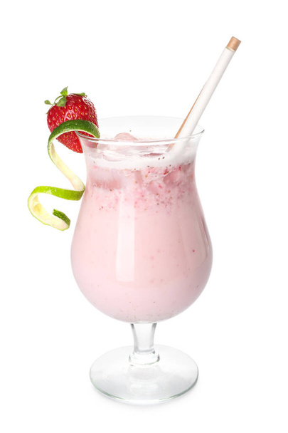 Glass of strawberry Pina Colada cocktail on white background - Фото, изображение