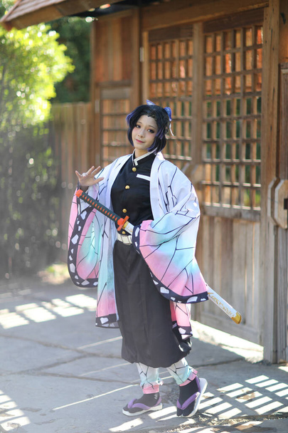 Японський аніме-косплей-портрет дівчини з комічним костюмом з япанським тематичним садом - Фото, зображення