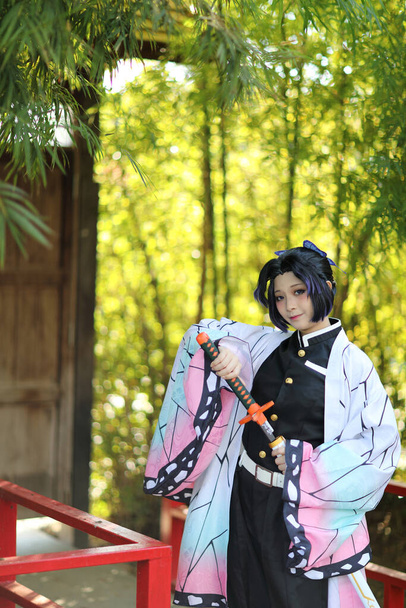 Japonia anime cosplay portret dziewczyny z komiksu kostium z japońskim ogrodem tematycznym - Zdjęcie, obraz