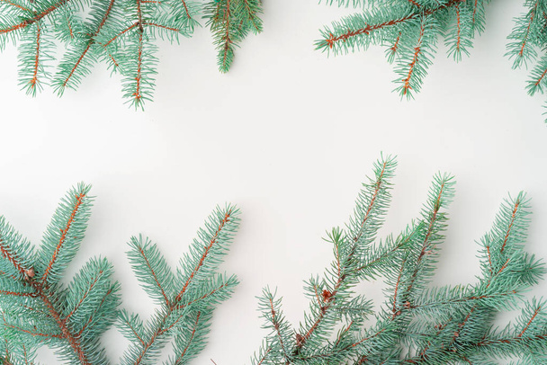 Christmas mock up with pine branches on white background, copy space, flatlay - Photo, image