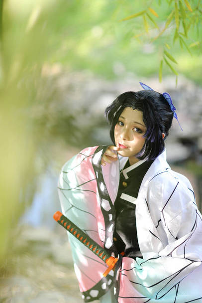 Japon anime cosplay portrait de fille avec costume comique avec jardin à thème japonais - Photo, image