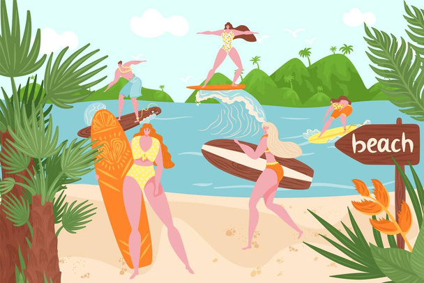 Playa del océano, surf de verano en el agua, ilustración vectorial, personaje de hombre de mujer plana en la tabla de surf, actividad deportiva de vacaciones en la ola del mar. - Vector, imagen