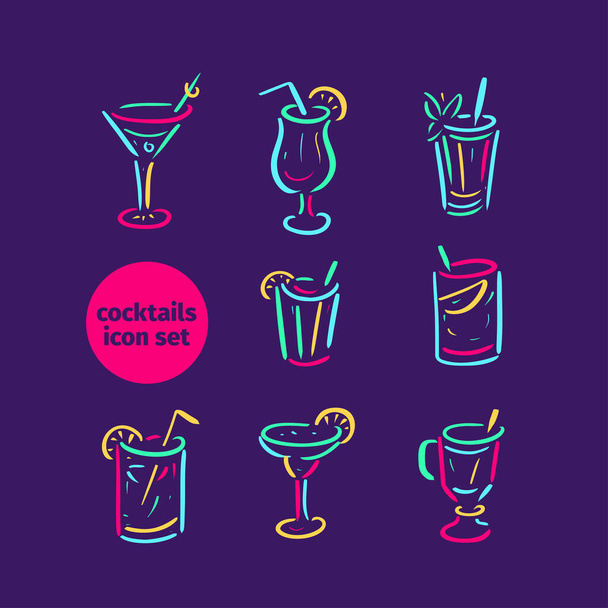 Cocktails icon set. Vector hand-drawn icons set. Neon style. - Vetor, Imagem