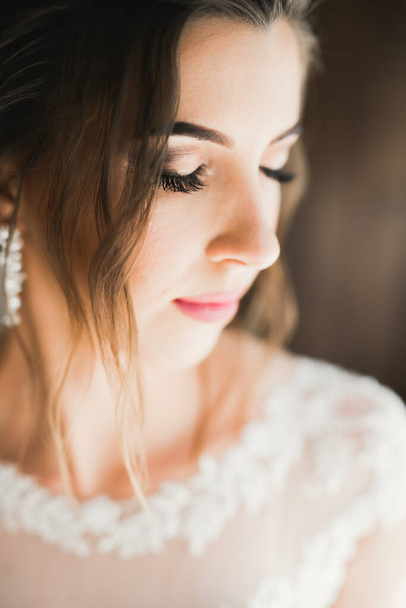 Gorgeous bride in robe posing and preparing for the wedding ceremony face in a room - Foto, Imagem
