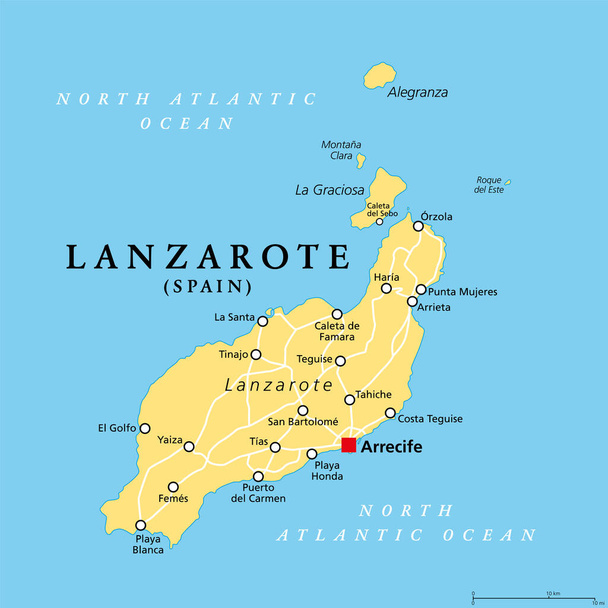 Lanzarote, politická mapa, s hlavním Arrecife. Nejsevernější a nejvýchodnější ostrov Kanárských ostrovů, souostroví a autonomní společenství Španělska, v Atlantském oceánu u pobřeží Afriky. - Vektor, obrázek