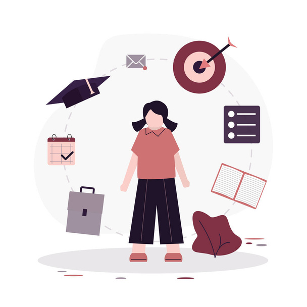 Stay focused. Girl pupil focusing on education. Female student aim to target. Studying in focus, productivity and self discipline. Back to school. Planning and development concept. Vector illustration - ベクター画像