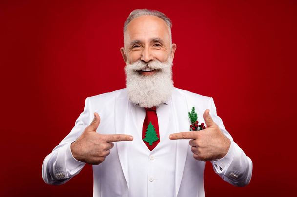 Photo of funky aged grey hair man point suit wear white jacket isolated on red color background - Foto, immagini