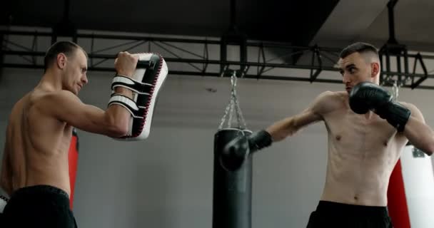 Kickboxer doet roundhouse kick in slow motion, kickboxers trainen in de sportschool, 4k 120fps Prores HQ - Video