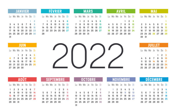 Year 2022 one page colorful calendar, in French language, on white background. Vector template. - Vector, Image