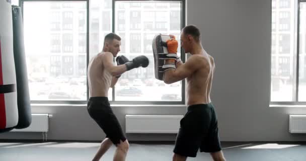 MMA μαχητής ασκεί απεργίες του με εκπαιδευτή σε αργή κίνηση στο γυμναστήριο, kickboxers προπόνηση, 4k 120fps Prores HQ - Πλάνα, βίντεο