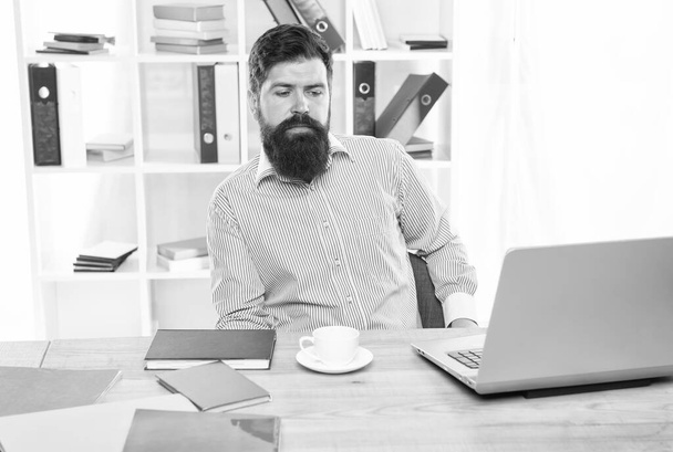 Salary man. Bearded man sit at work desk. Working in modern office. Workplace environment. Business worker. Job and occupation. Building career - Photo, Image