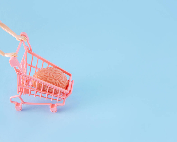 Pink shopping cart with a brain. Buying a mind. Background of the concept of fun and humor. - Photo, Image