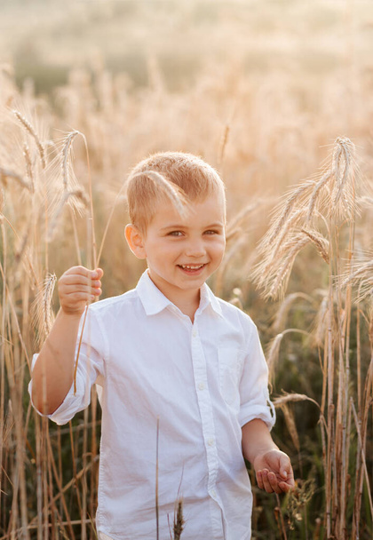 Egy kis jóképű szőke fiú fehér ingben és fehér nadrágban a természetben nyáron. Boldog gyerekkort. Pozitív érzelmek - Fotó, kép