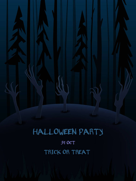 Halloween vector background with dark forest and creepy hands out of the ground - Vektör, Görsel