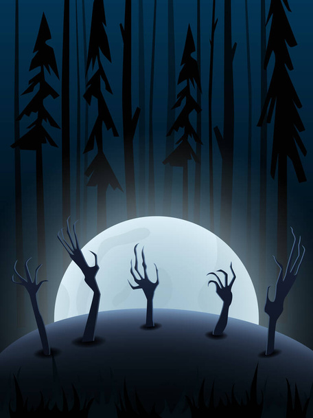 Halloween vektor háttér sötét erdő, nagy hold és hátborzongató kezek a földből - Vektor, kép