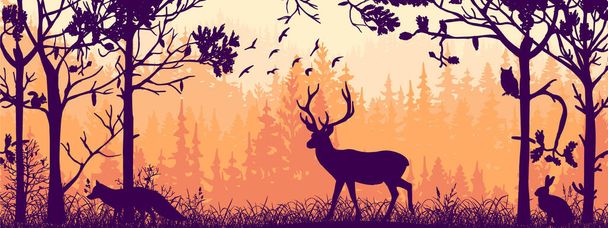 Vízszintes transzparens. Szarvas, róka, nyúl sziluettje áll a réten az erdőben. Állatok, fák, fű sziluettje. Varázslatos ködös táj, köd. Narancs, fekete-barna illusztráció. Könyvjelző. - Vektor, kép