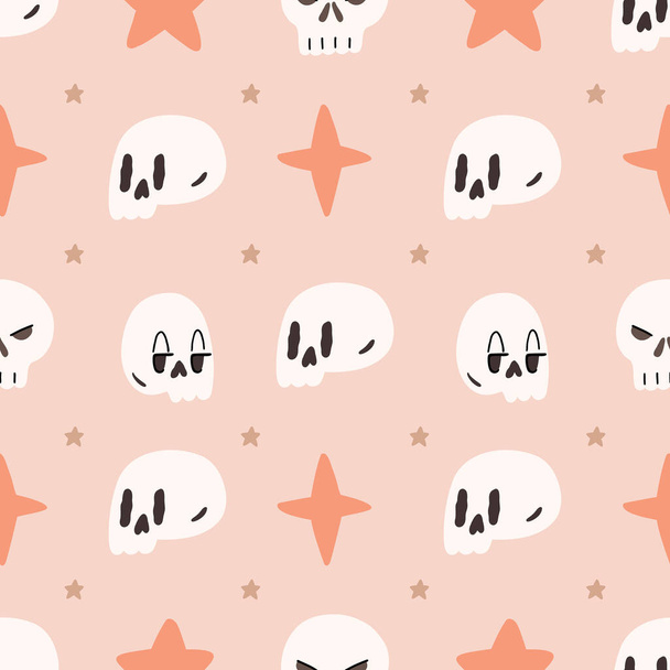 Cute illustrated halloween pattern with sculls and stars. Seamleass repeated background. - Vecteur, image