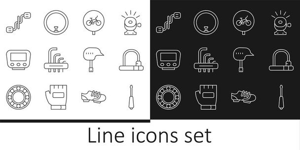 Set line Screwdriver, Bicycle lock, Tool allen keys, speedometer, pedals, helmet and wheel icon. Vector - ベクター画像