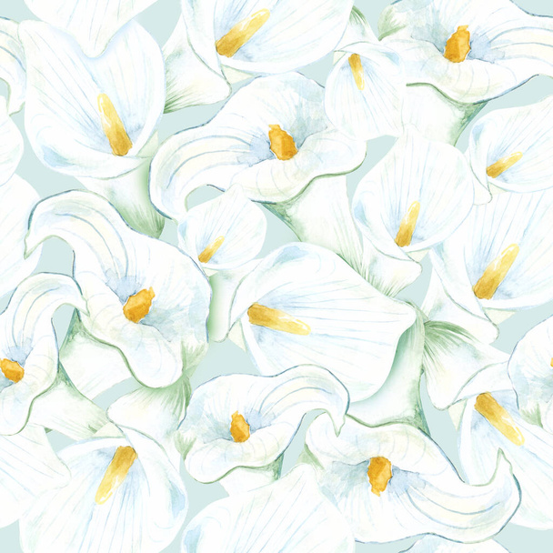 watercolor illustration, calla lillies, tropical flowers, cala l white seamless pattern - Фото, изображение