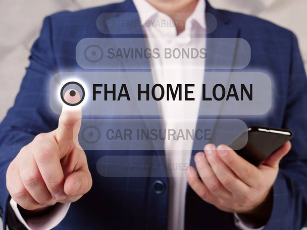  FHA HOME LOAN Federal Housing Administration inscrição na tela. Feche as mãos de Empresário segurando telefone inteligente preto. Empréstimo FHA é uma hipoteca que é segurado pela FHA e emitido por um empréstimo aprovado pela FHA - Foto, Imagem