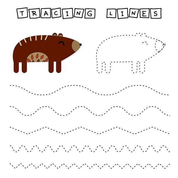 Trace line worksheet with animals bear for kids, practicing fine motor skills.  Educational game for preschool children.  - Photo, Image