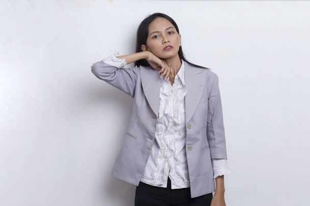 stressed sick asian business woman tired with headache on white background - Photo, Image