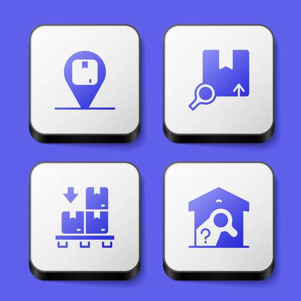 Set Location with cardboard box, Search package, Cardboard boxes pallet and Warehouse check icon. White square button. Vector - ベクター画像