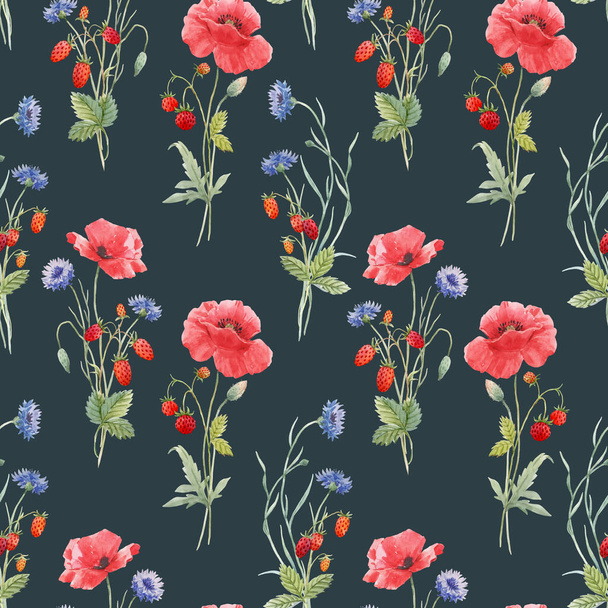 Beautiful seamless floral pattern with hand drawn watercolor gentle wild field flowers cornflower poppy. Stock illuistration. - Photo, Image