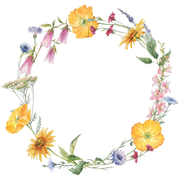 Beautiful stock illustration with hand drawn watercolor gentle floral wreath. - Foto, Imagem