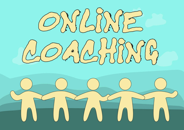 Writing displaying text Online Coaching. Business showcase Learning from online and internet with the help of a coach Five Standing People Drawing Holding Hands Showing Team Support. - Photo, Image
