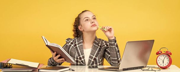 Self education. Homeschooling concept. Communication social networks. Teen girl study at home. Education course. Information to learn. Modern school. Distance learning. Pupil with book. Smart student - 写真・画像