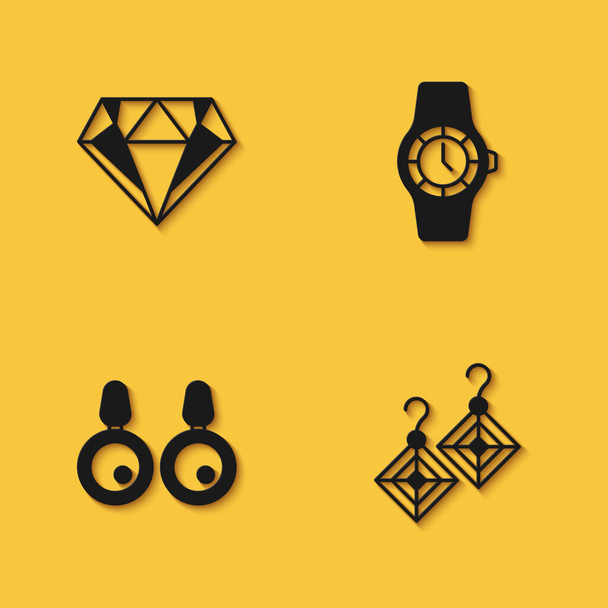 Conjunto de diamantes, pendientes, y el icono del reloj de muñeca con sombra larga. Vector - Vector, imagen