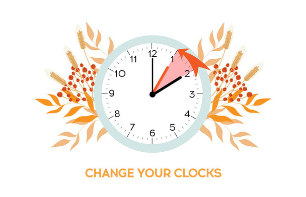 El horario de verano termina. Relojes de cambio de retroceso. Ilustración vectorial con un reloj girando una hora atrás. Relojes en un marco floral de follaje naranja de otoño. - Vector, imagen