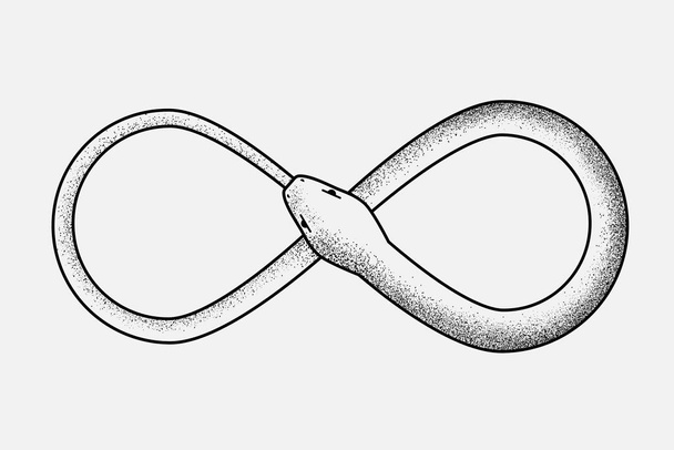 Infinity snake. Ancient Ouroboros symbol. Reptile eating its own tail. Cycle of birth and death. Vector illustration, dot design, black and white, EPS 10 - Vector, Image